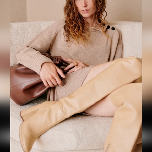 Sezane Mathie Beige Camel Merino Wool Long SleeveShort Dress